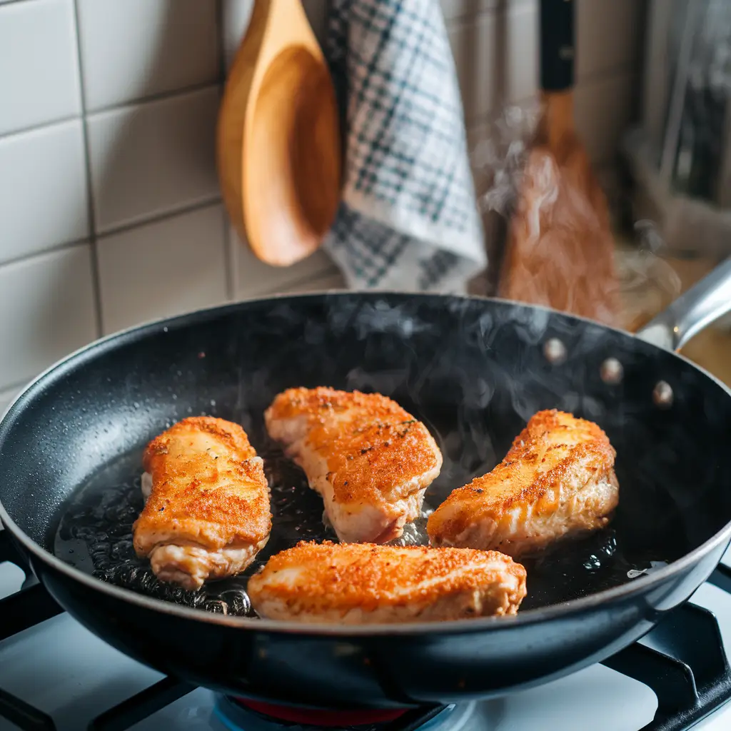 Golden-brown chicken tenders sizzling in hot oil inside a frying pan, with steam rising in a cozy kitchen setting. Cane’s Chicken Recipe