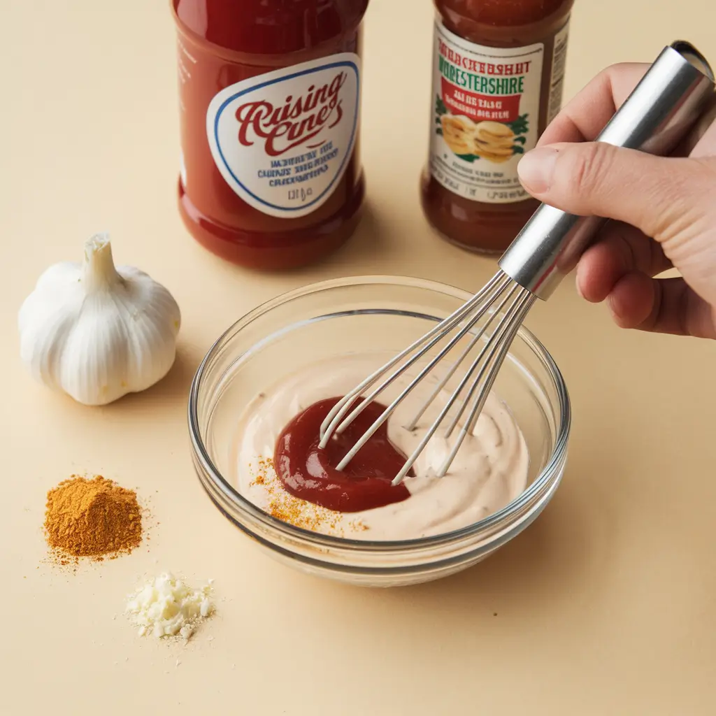 A small bowl of Raising Cane’s sauce being whisked, surrounded by ingredients like mayonnaise, ketchup, garlic powder, and Worcestershire sauce. Cane’s Chicken Recipe