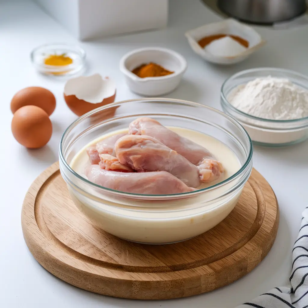 for preparing Cane's Chicken, the raw chicken tenders are marinated in creamy buttermilk 