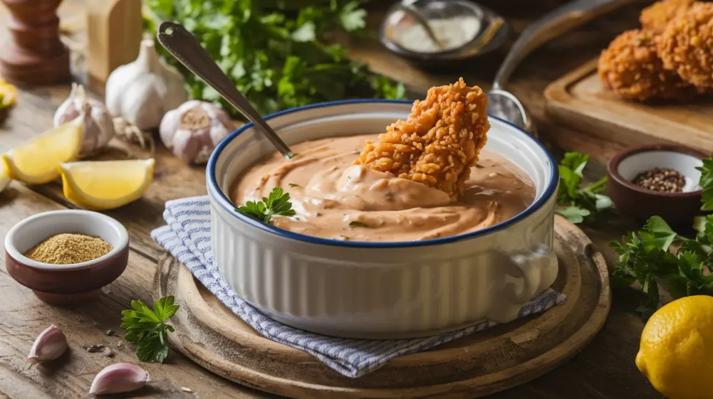 homemade chicken sauce in a bowl, surrounded by fresh ingredients, with a crispy piece of chicken dipped into the sauce.