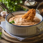 Homemade chicken dipping sauce made with mayonnaise, ketchup, Worcestershire sauce, garlic powder, and black pepper."