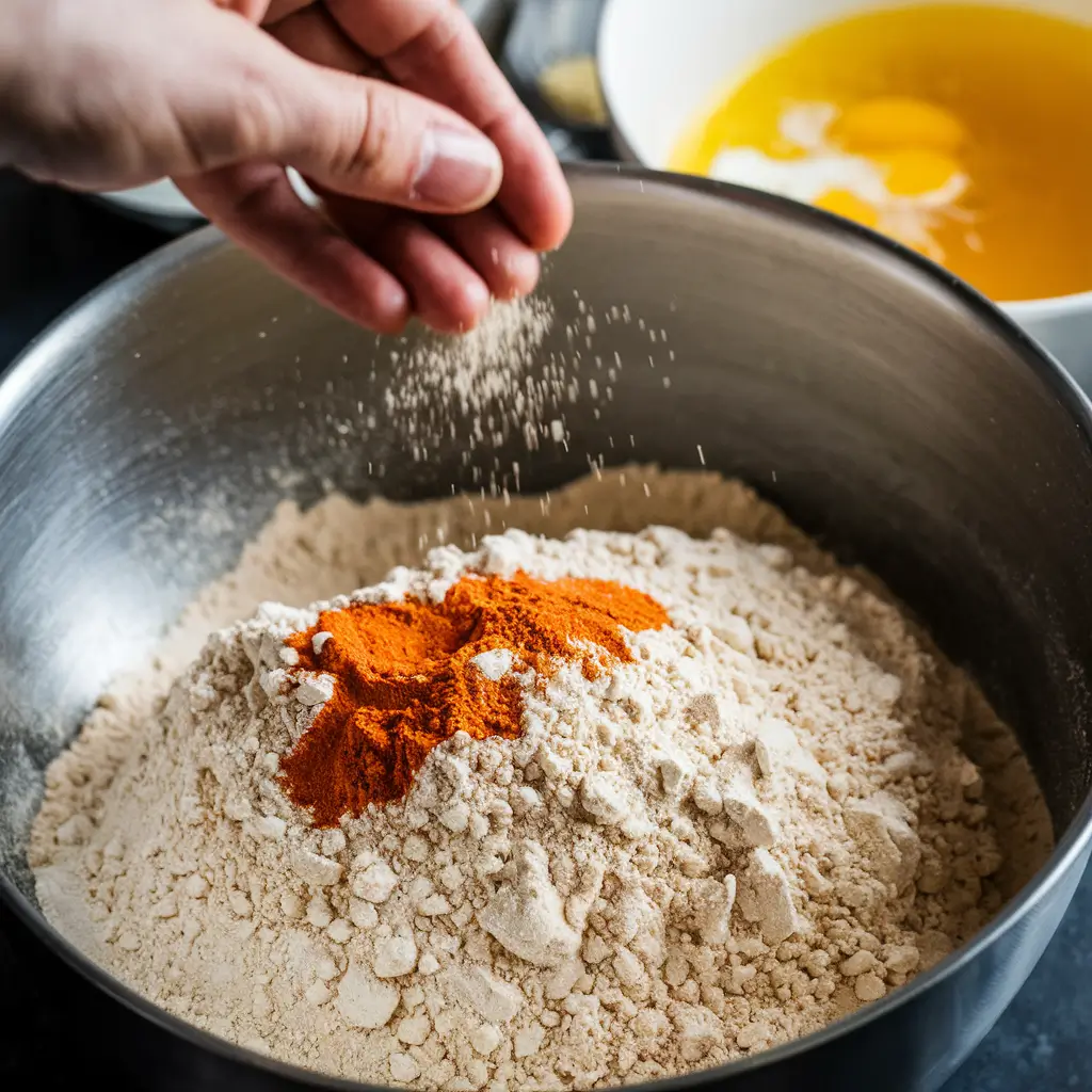 A bowl with a seasoned flour mixture, and spices added, ready for chicken breading. -Cane’s Chicken Recipe