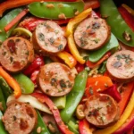 Juicy chicken apple sausage served with roasted vegetables and a side of mustard sauce, perfect for a savory-sweet meal