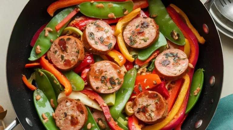 Juicy chicken apple sausage served with roasted vegetables and a side of mustard sauce, perfect for a savory-sweet meal