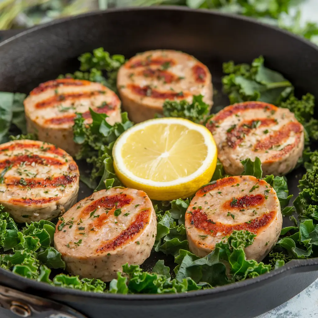 Sautéed chicken apple sausage and kale in a skillet with fresh lemon