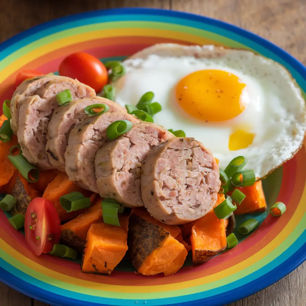 Hearty chicken apple sausage and sweet potato hash served with a fried egg