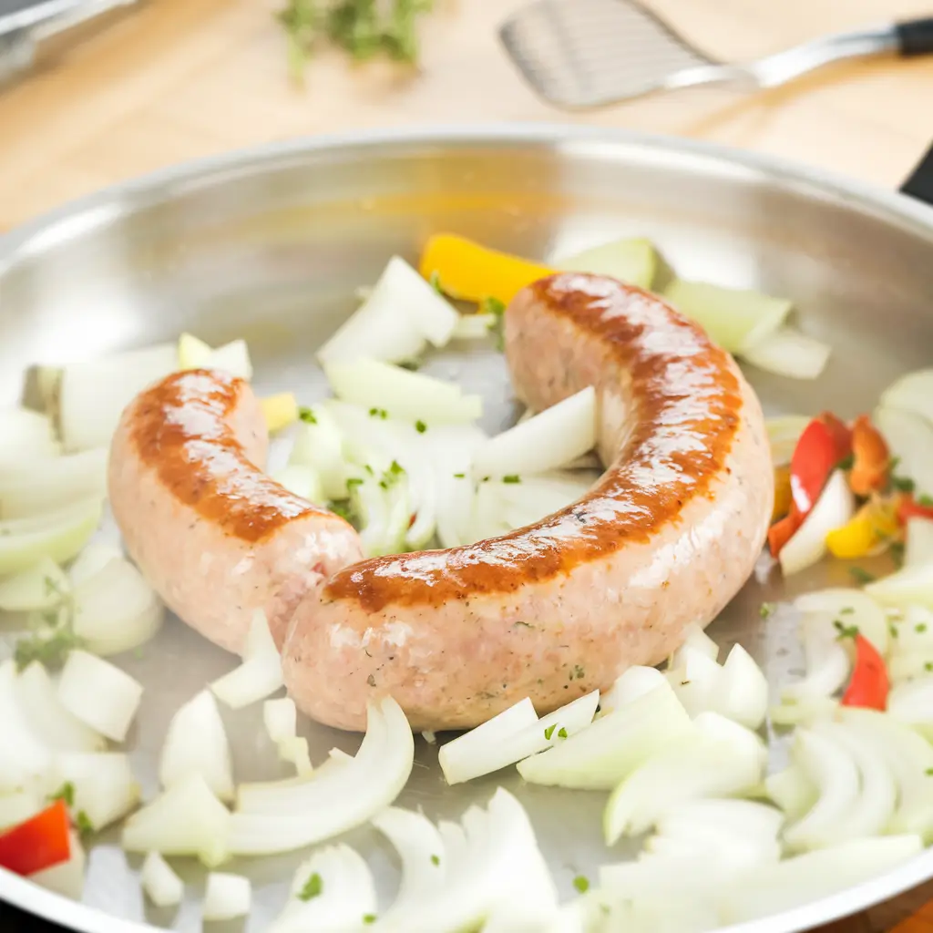 Pan-frying chicken apple sausages with vegetables in a skillet