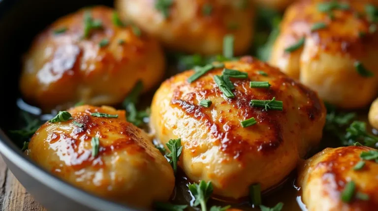 Close-up of garlic butter chicken hearts cooking in a skillet, garnished with fresh herbs.