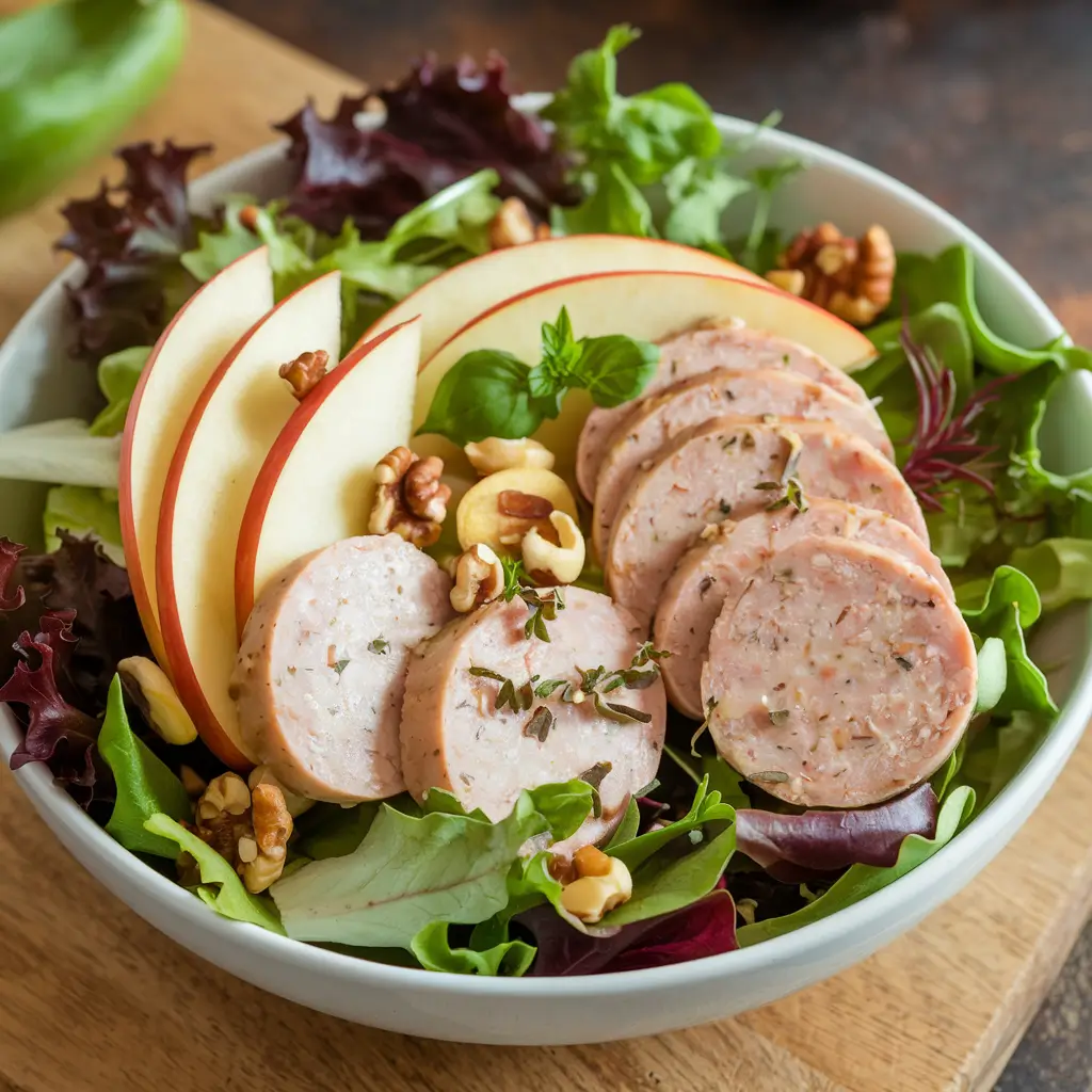 Fresh chicken apple sausage salad with apples, nuts, and greens